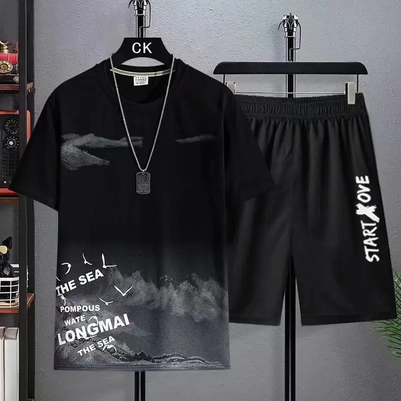 Trendy Suits for men  Men's Summer Shorts Set Gym Outfit Student Short Sleeve Tee 2 Piece Set Tracksuits Men Casual Men Clothing