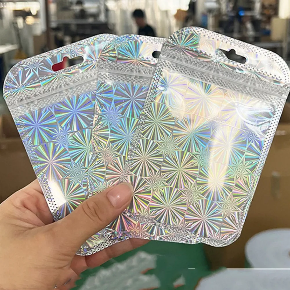 50pcs Silver Laser Self Sealing OPP Bag Holographic Packaging Pouch For Storage Jewelry Retail Selling Display Small Businesses