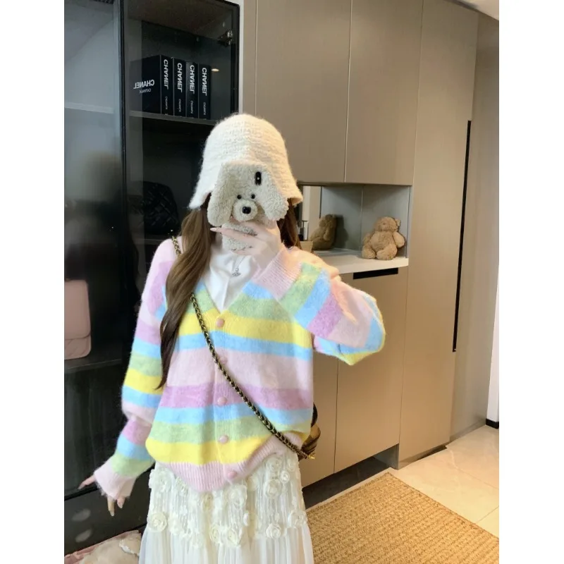 

Sweet Striped V-Ne Long Sve Women's Knitwear Soft Loose Fit Winter Sle Casual Comfortable Slimming Top