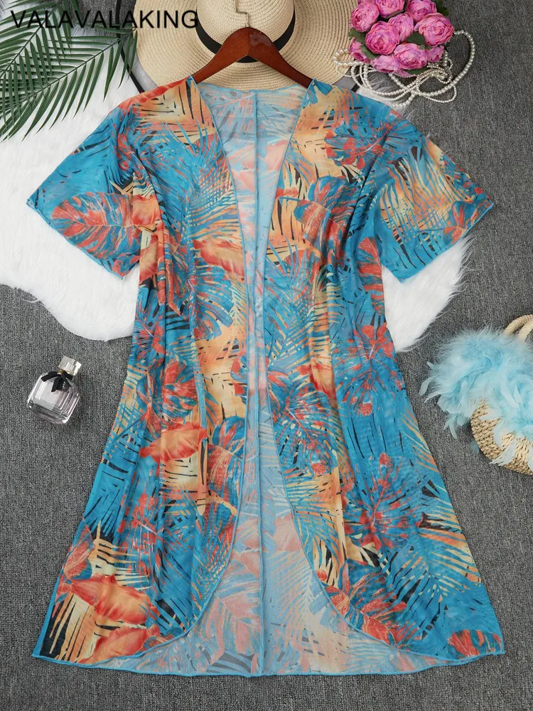 2025 Print Women Mesh Plus Size Bikini Cove Up Short Sleeve Large Swimsuit Tunic Lady Chubby Dress Brazilian Beach Cover-Ups