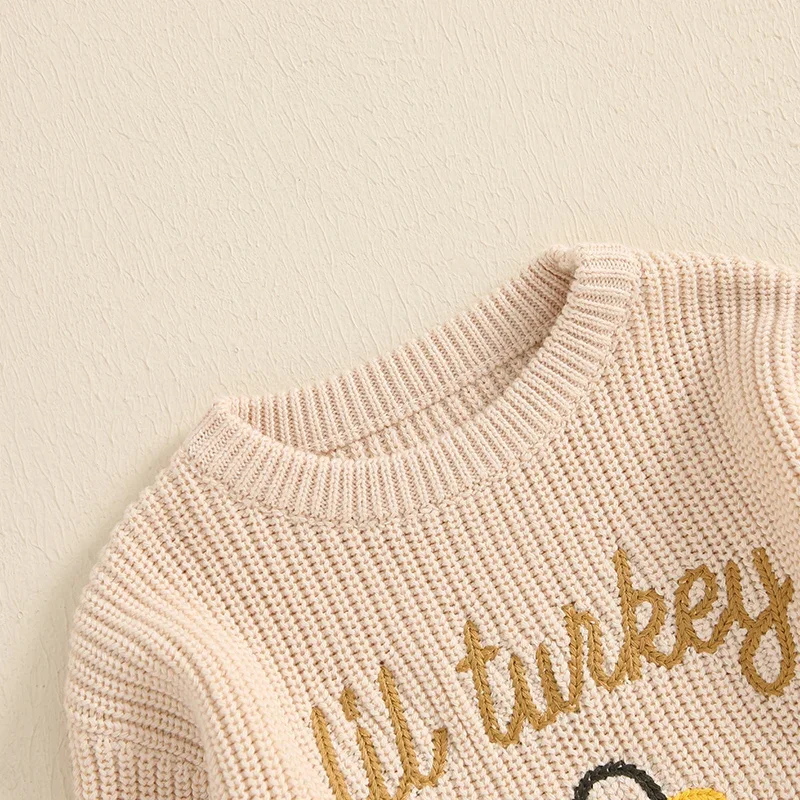 2024-07-30 Lioraitiin Toddler Thanksgiving Sweater Casual Letter Turkey Embroidery Warm Knitted Long Sleeves Pullover Knitwear