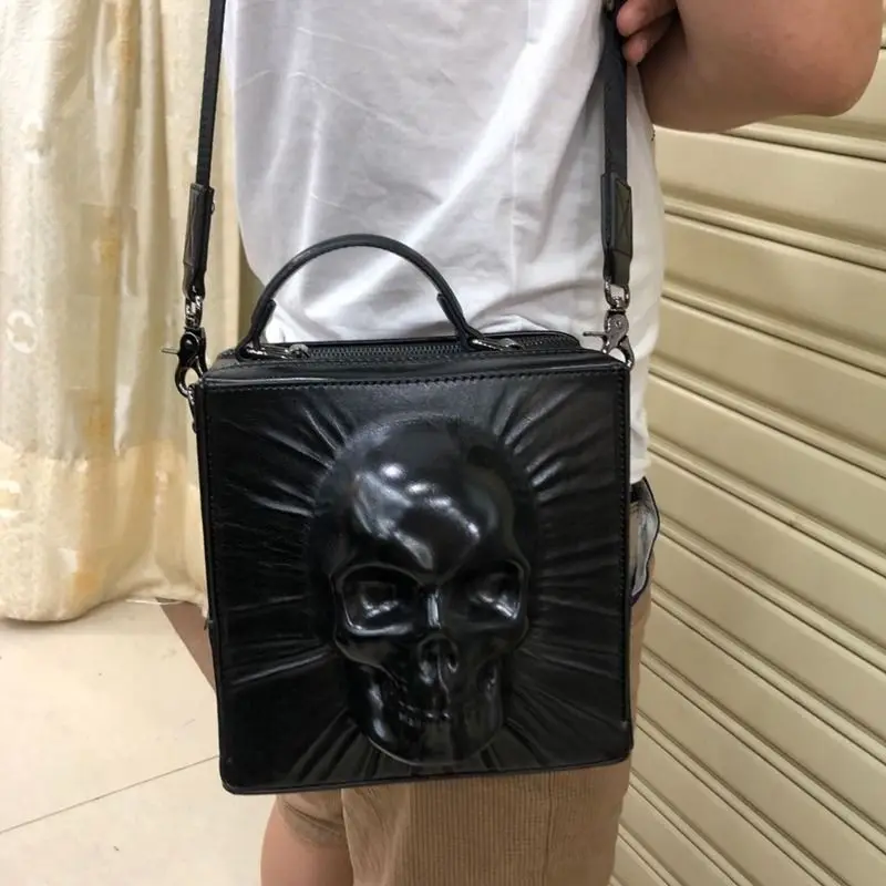 European And American Fashion Hip-hop Trend Street Style Vertical Square Personalized Three-dimensional Skull Backpack For Women