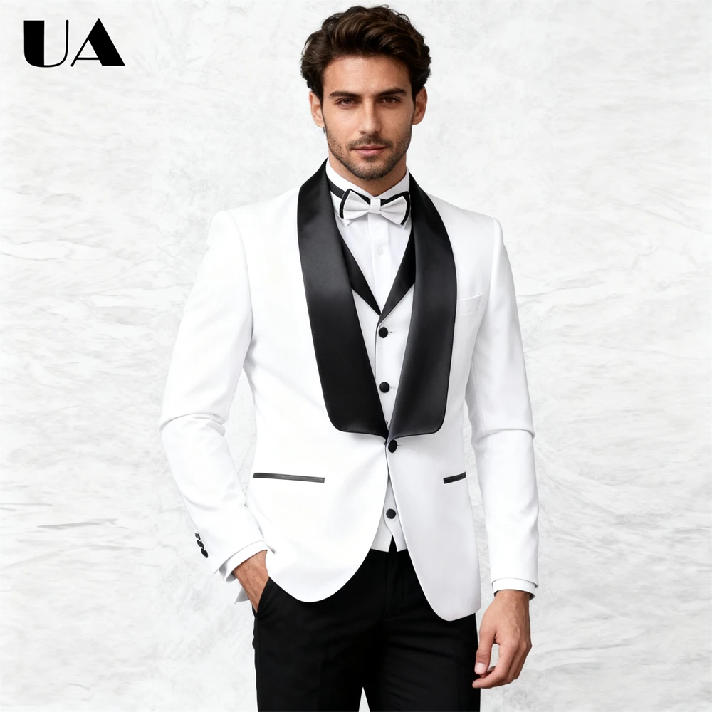 

(Jacket Vest Pants) 3 Pieces Groom Wedding Suit Set One Button Suit Jacket with Wide Black Collar Party Prom Tuxedo XXS-7XL