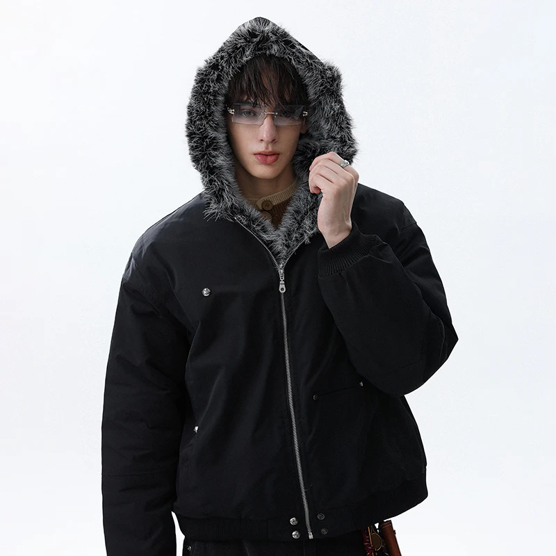 LUZHEN 2025 الشتاء أنيق فو الفراء المرقعة مقنعين سترة سترة الرجال بلون وسيم سميكة الدافئة معطف مبطّن JY5140