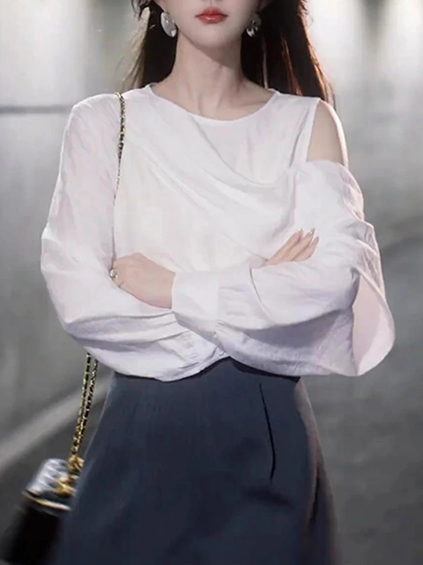 

Korean Chic White Long Sleeve Blouse Women Autumn Elegant French Off Shoulder Sexy Shirt Female Pretty Hepburn Tops Office Wear
