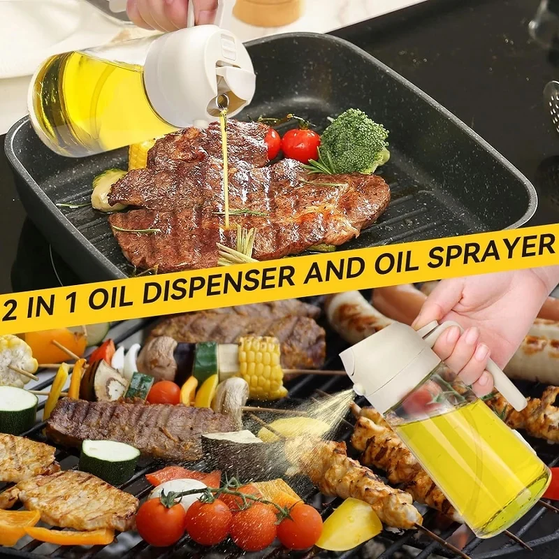 2-in-1 Oil Sprayer for Cooking Glass Oil Dispenser Bottle for Kitchen BBQ Vinegar Soy Sauce Spray Container view 2