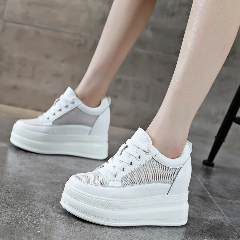 Fujin 9cm Women Shoes Sneakers Platform Heel Height Increased Wedge Pumps White Sneakers Shoe Breathable Heels for Women