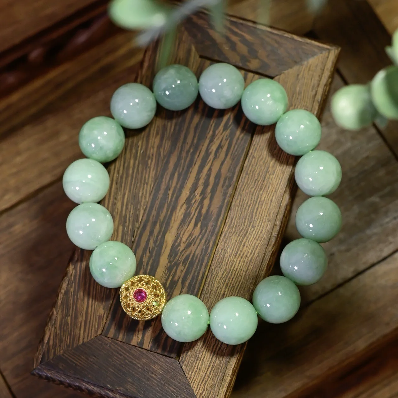 Natural Grade A Waxy Bean Green Jadeite Bracelet, Solid 18K Gold Hollow Lucky Bead Chinese Style Gem Bracelet