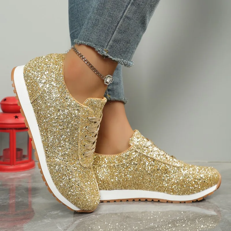 

Women Casual Shoes Gold Glitter Sneakers Lace Up Flat Walking Shoes Female Comfortable Fashion Sports Shoes Zapatos De Mujer
