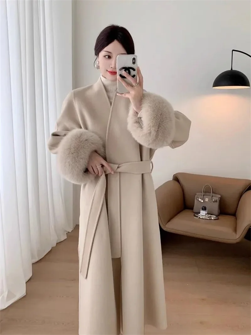 جديد الطبيعية الثعلب الفراء سميكة الوجهين معطف الصوف الإناث طويلة الخريف الشتاء فضفاض الدانتيل متابعة المعاطف الصوفية النساء معاطف الموضة #1