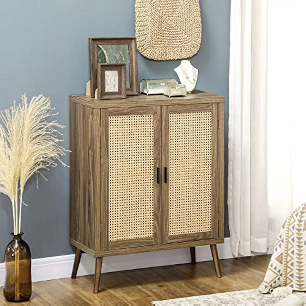 

Sideboard Buffet Cabinet with Rattan Decorated Doors, Kitchen Cabinet, with Adjustable Shelves, Solid Wood Legs for Living Room