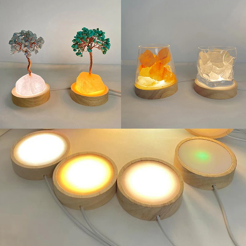 1pc 6cm1m Round Wooden LED Light Dispaly Base Crystal Glass Resin Art Ornament Night Lamp Base LED Light Rotating Display Stand