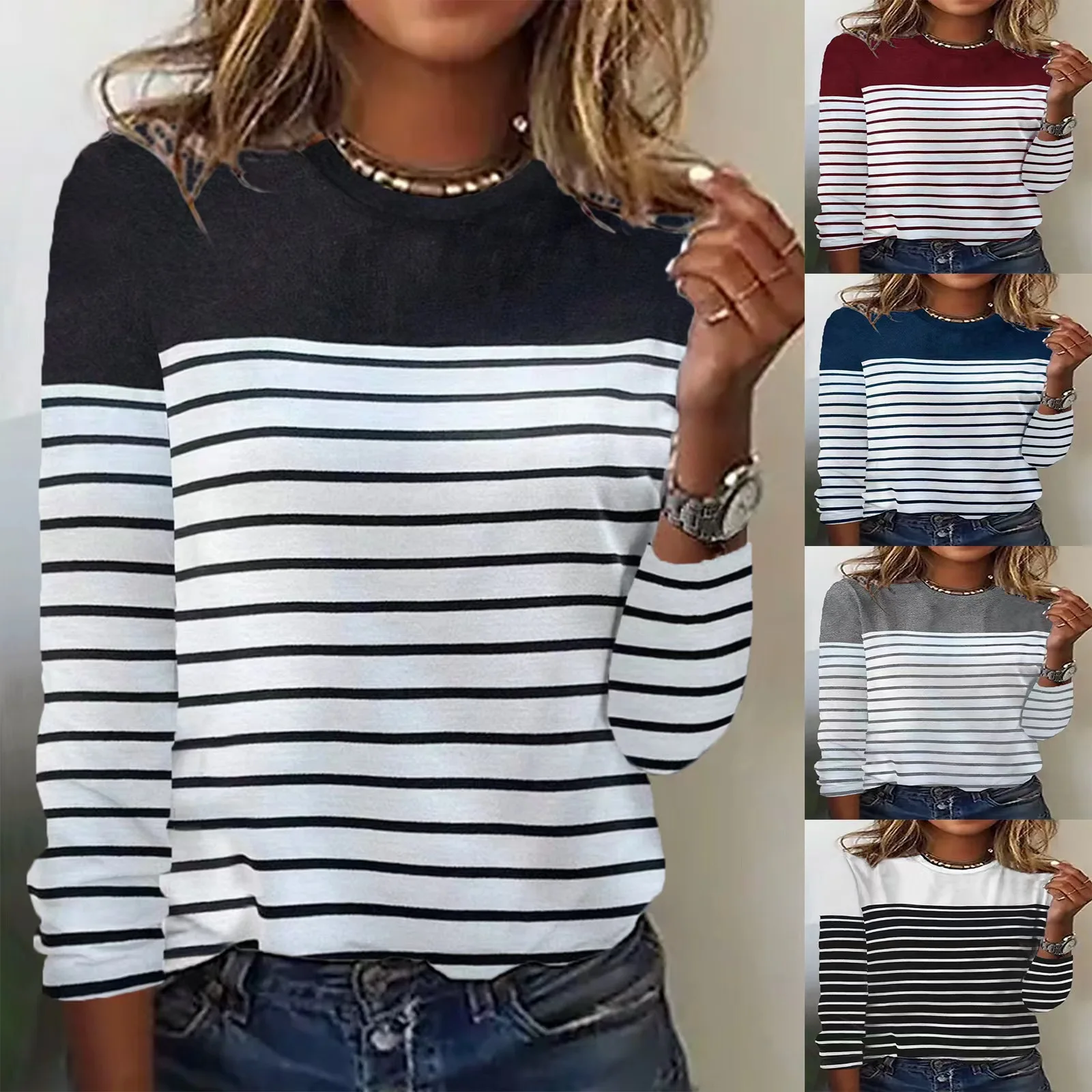 

O-neck Fashion Top Basic Casual Tees 2025 Women's Long-sleeved T-shirt Striped Two-color Printed Spliced