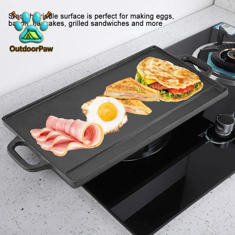 Cast Iron Grill Pan Griddle Pan Non-Stick Cast Iron Grill Griddle Pan Ridged and Flat Double Sided Baking Cooking Tray Bakeware
