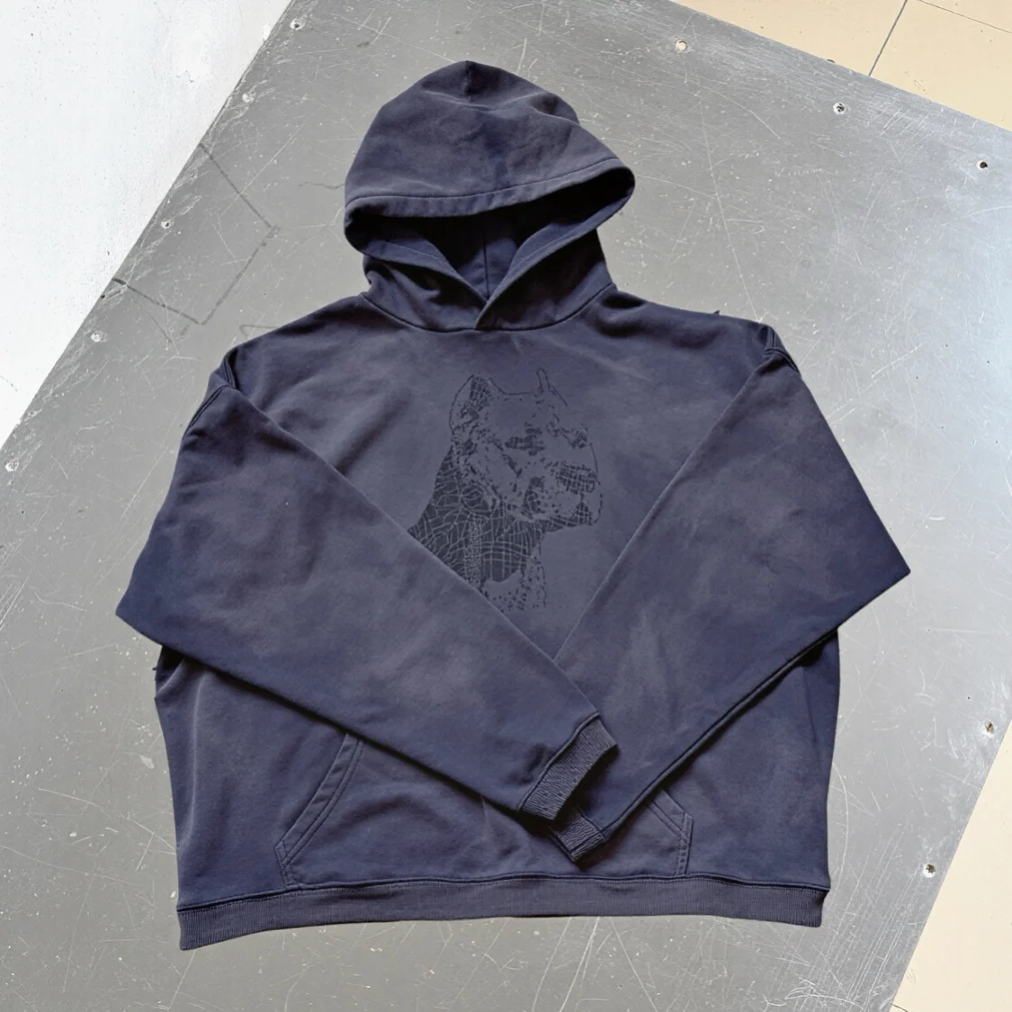 Vintage Washed Double Sided Dog Print Hoodie Dark Purple Oversized Unisex Retro Streetwear Pullover