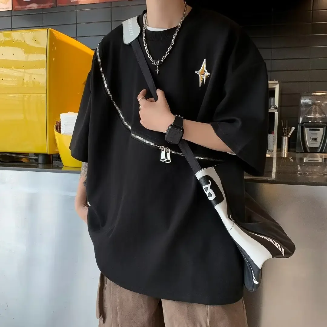 

Korean Style Diagonal Zipper Design T Shirt Men Summer Fashion Harajuku High Street Loose Short Sleeves T Shirt Tops Y2k Shirts