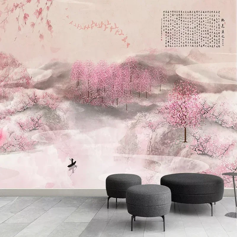 Custom  Large Murals Wallpaper Chinese Hand-painted Peach Blossom Wall Cloth Bedroom Waterproof Eco-Friendly Papel De Parede 3 D