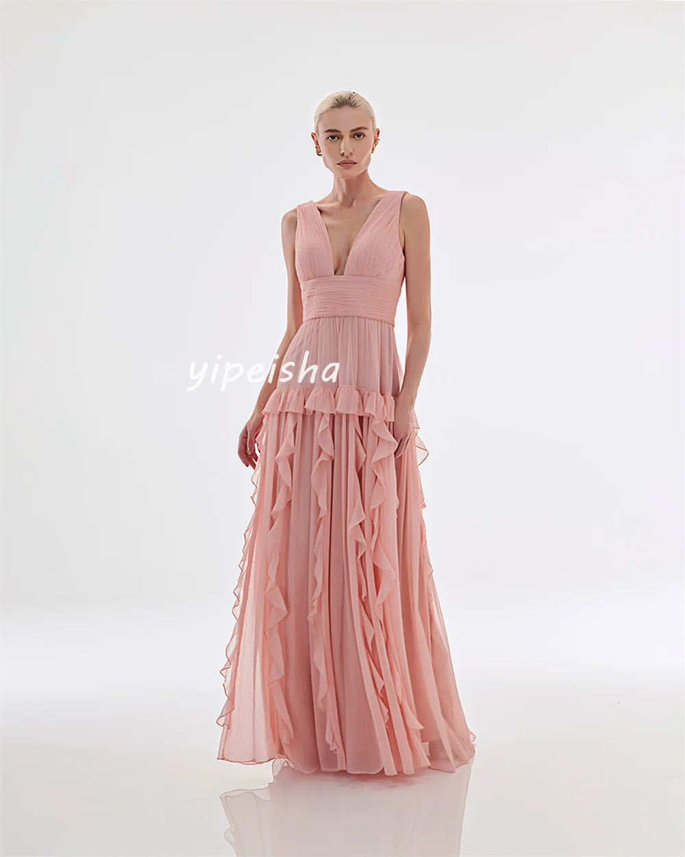 Customized Intricate Chiffon A-line V-neck Long Dresses Prom Dresses Classic Exquisite Modern Style Pastrol Unisex Chinese Style