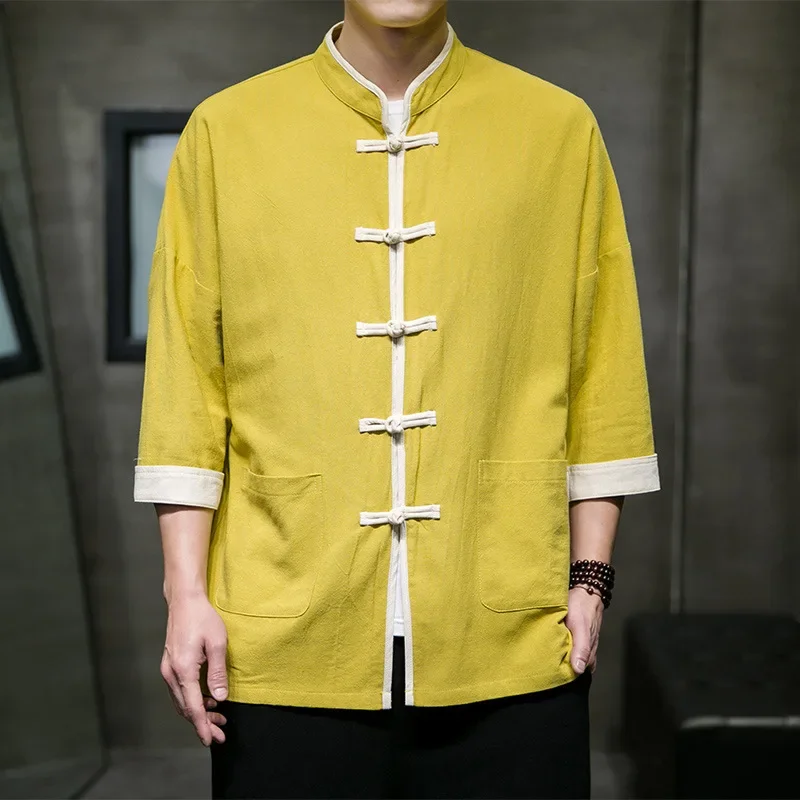 Man Chinese Traditional Shirt Spring Summer Cotton Line Shirt Men Casual Thin Tang Suit Vintage Coat Seven Quarter Sleeved Shirt