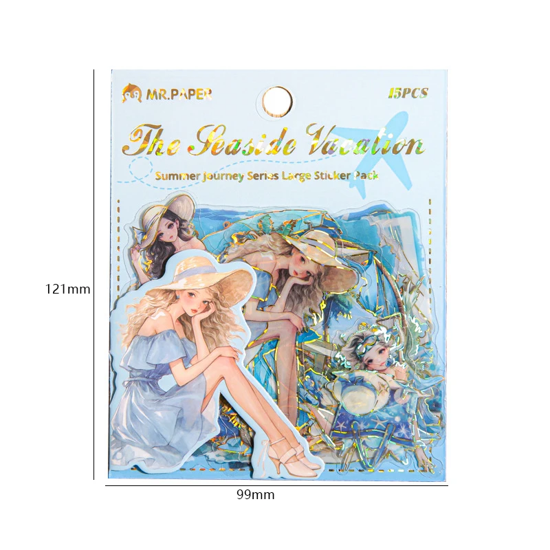 Paquete de 15 hojas/bolsa de pegatinas de la serie Summer Journey, pegatinas bonitas para chica, diario basura, cuaderno, suministros para álbum de recortes DIY
