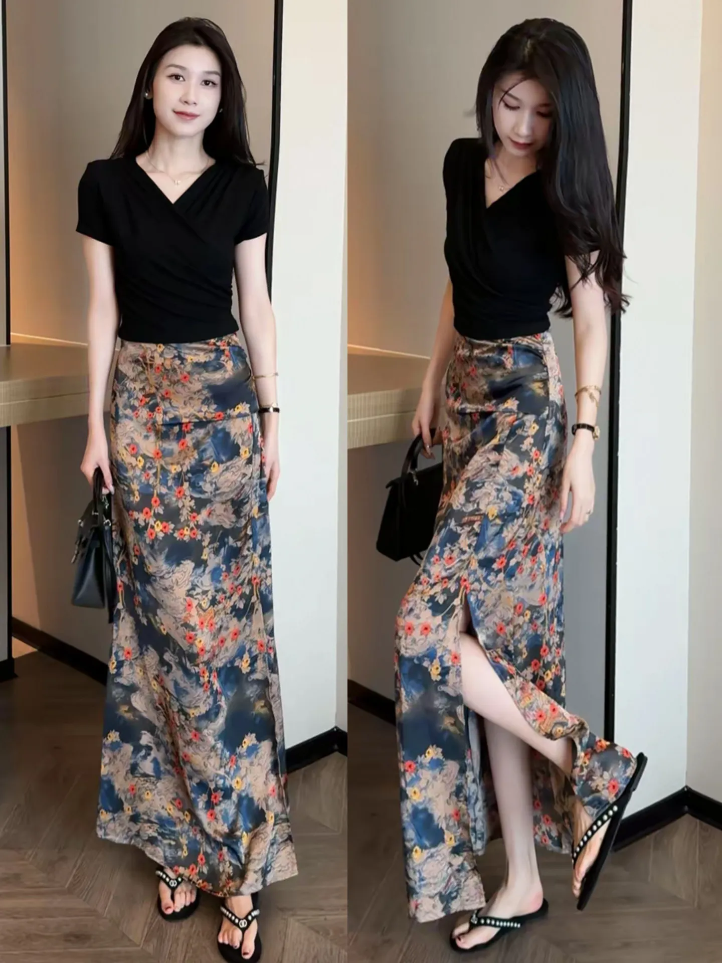 

Модный комплект в западном стиле для женщин: новая короткая футболка с V-образным вырезом и юбка с принтом, комплект из двух предметов для весны и лета