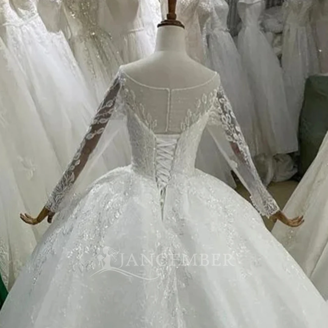 Maßgeschneidertes Vintage-Hochzeitskleid für Frauen mit Pailletten, Brautkleid, O-Ausschnitt, langen Ärmeln, Sweep-Zug, rückenfrei, Serpeggio