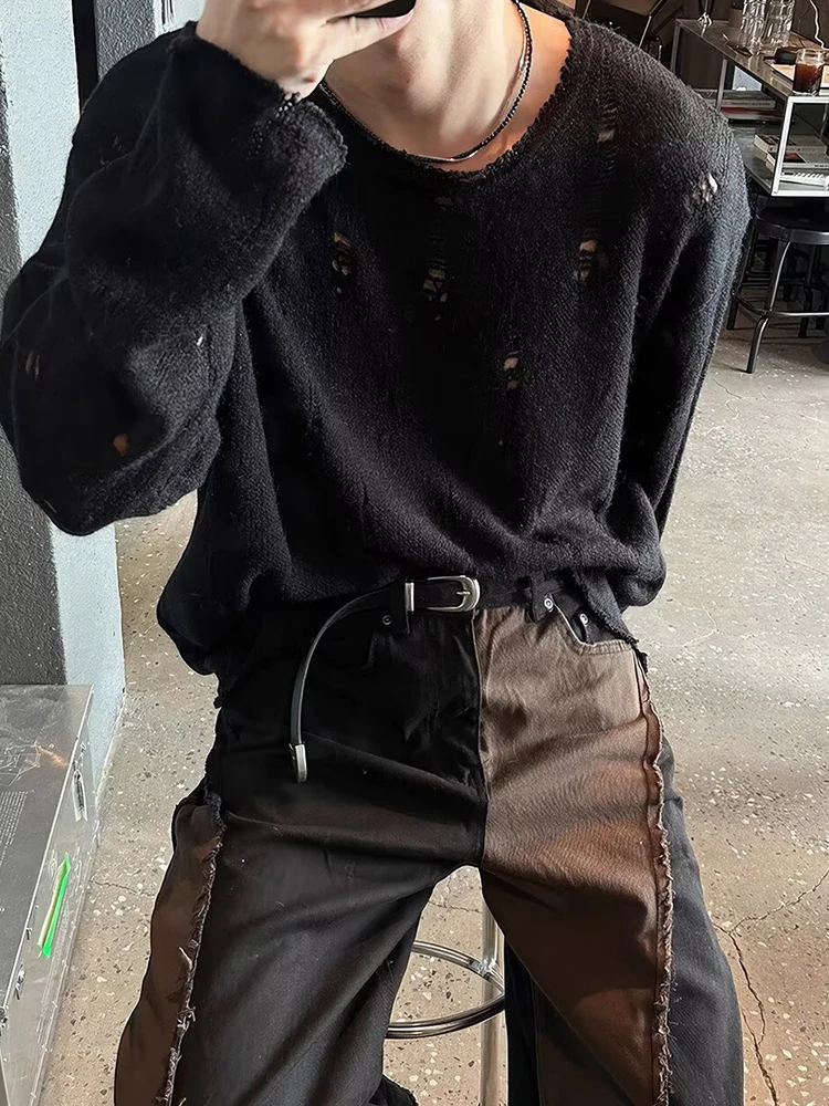 2025 가을 트렌디 남성 니트 티셔츠 빈티지 솔리드 컬러 찢어진 디자인 니트 티셔츠 남성 야외 캐주얼 긴팔 상의