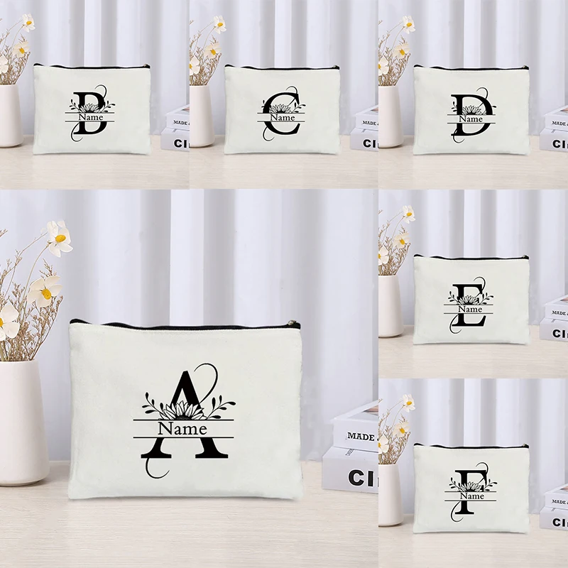 A-Z Sunflower Initials Personalized Name Cosmetic Bag Travel Perfume Lipstick Pouch Office Storage Pen Case Wallet Custom Gifts