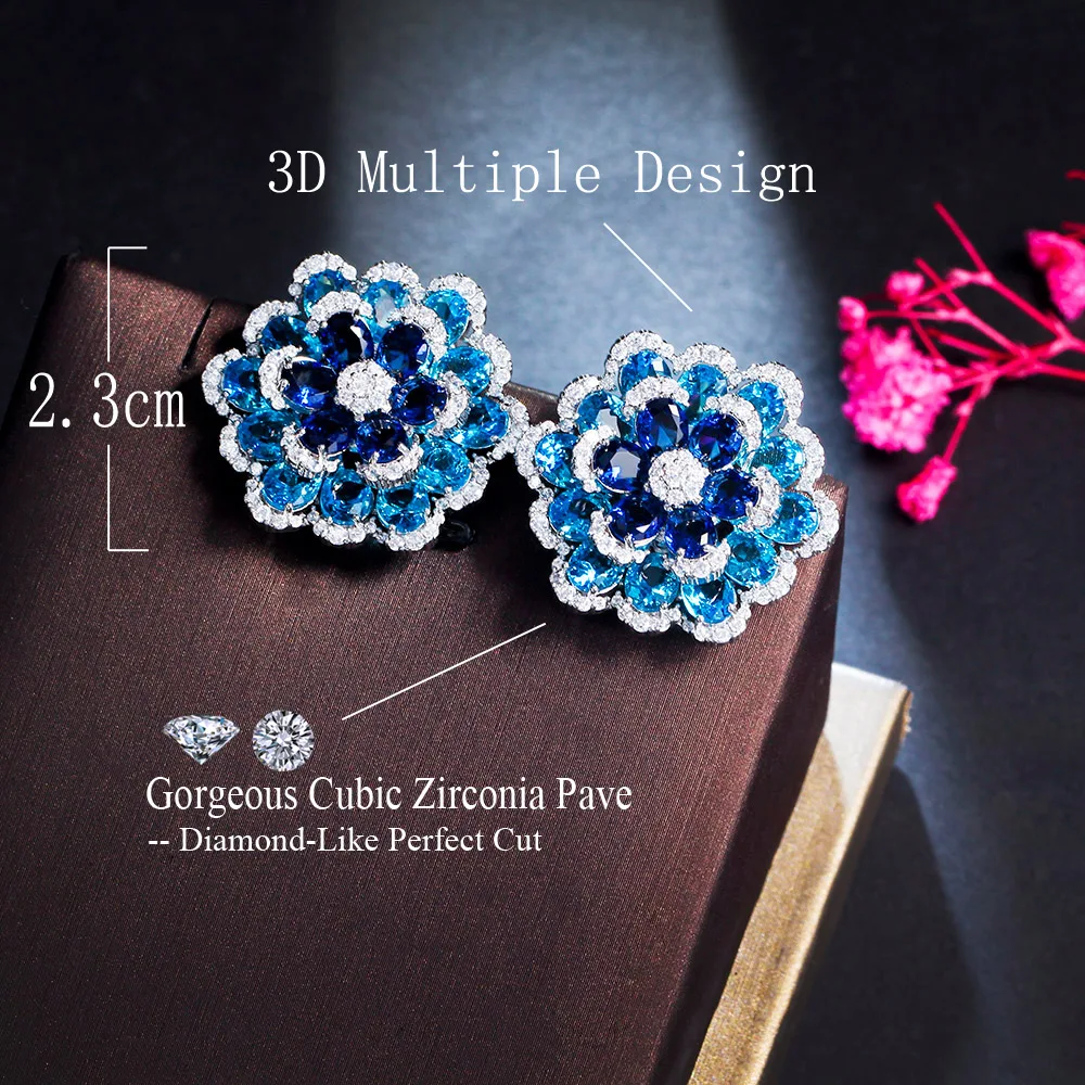 CWWZircons Art Deco Multiple Blooming Flower Blue Cubic Zircon Big Fancy Geometric Earrings for Women Fine Jewelry Gift CZ287