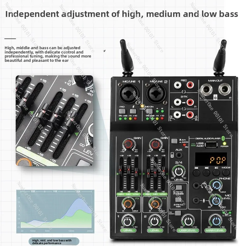 4-channel mixer with wireless microphone, computer sound card usb、 Bluetooth, reverb, and microphone