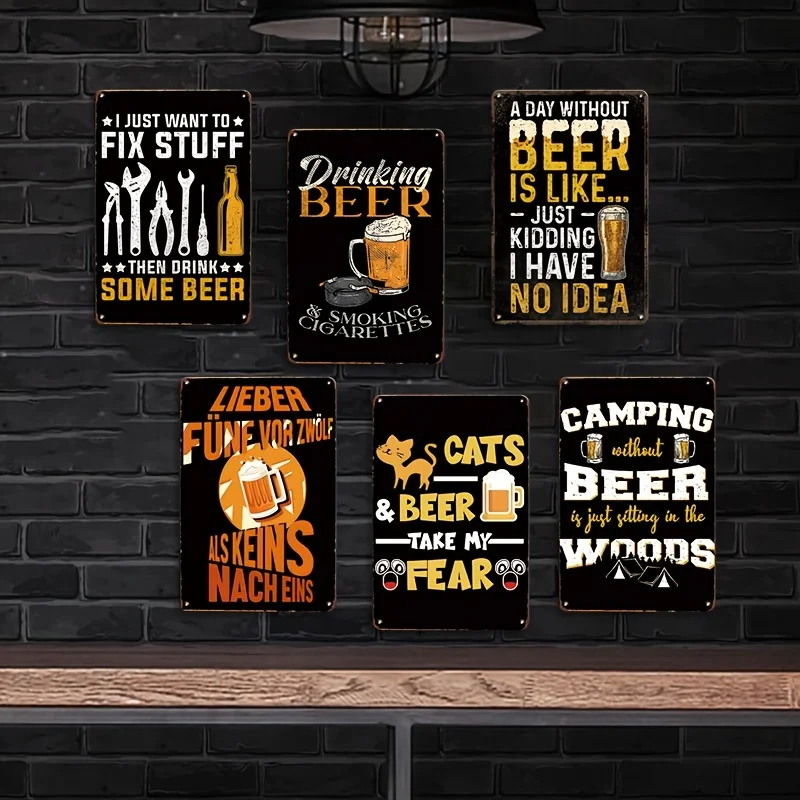 2D Flat 6pcs Set Detail Metal Tin Wall Mural Decoration - Retro 2D Flat Signs for Bar, Garage, Cafe, Office, Home, Farmhouse - 2
