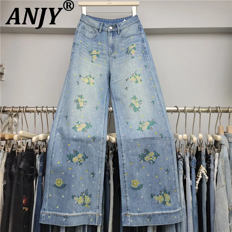 

ANJY Autumn New Women Vintage Jeans Heavy Craft Studded Diamonds Floral Slimming Straight High Street Elegant Denim Pants A9342