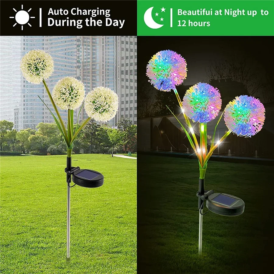 TIRVOSE Led Solar Garden Light Outdoor 3 Heads Dandelion Landscape Lawn Lamps Waterproof Solar Path Lights for Patio Decoration