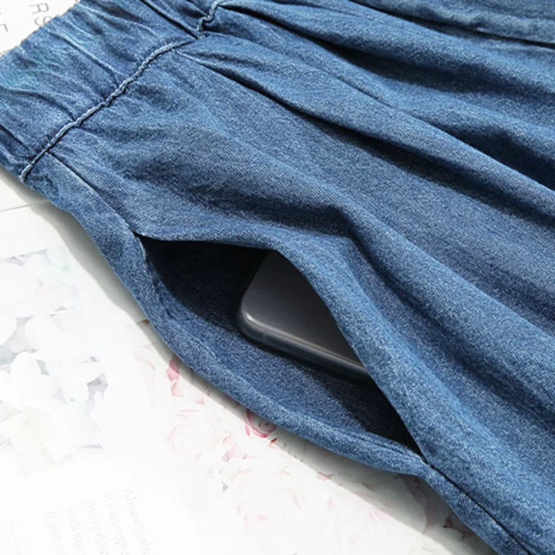 Fashion All-match Solid Color Casual Vintage Harajuku Elastic High Waist Streetwear A-Line Denim Skirt  New Summer