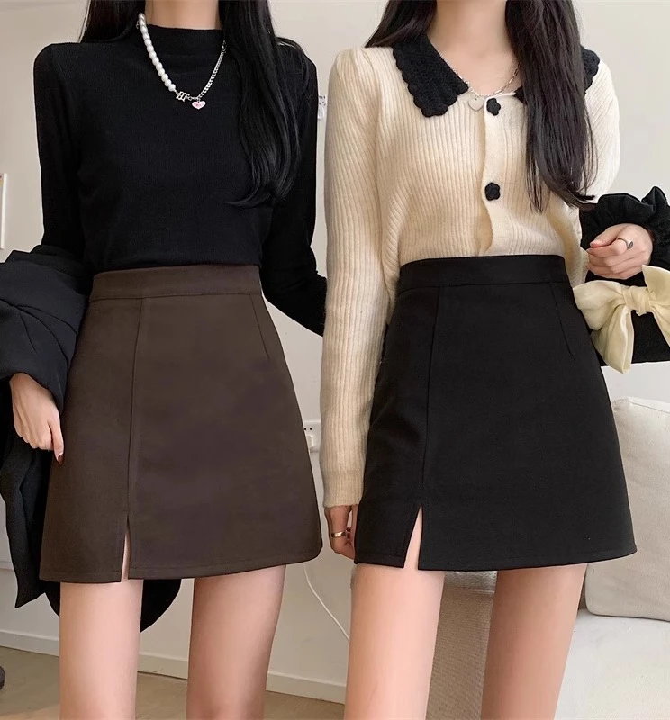 

High Waist A-Line Suit Skirt for Women Bla Woolen Skirt Slit Design Korean Sle Commute Pure Color Autumn Winter New ...