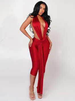 Weird Puss Patchwork Halter Romper Women Ribbon Sleeveless Elastic Backless Workout Activewear Midnight Activity Slim Playsuits