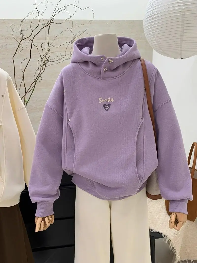 

Корейская толстовка-худи для женщин, весна-осень, фиолетовая, с принтом «сердце», свободный крой, облегающая, с капюшоном