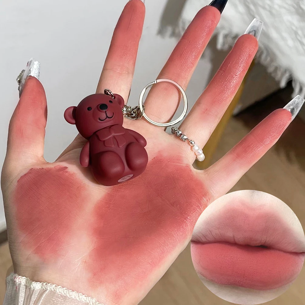 Keychain Design Cute Bear Matte Lip Mud Lipstick Velvet Lip Glaze Sexy Red Lip Gloss Women Long Lasting Lip-Tint Mud Cosmetics