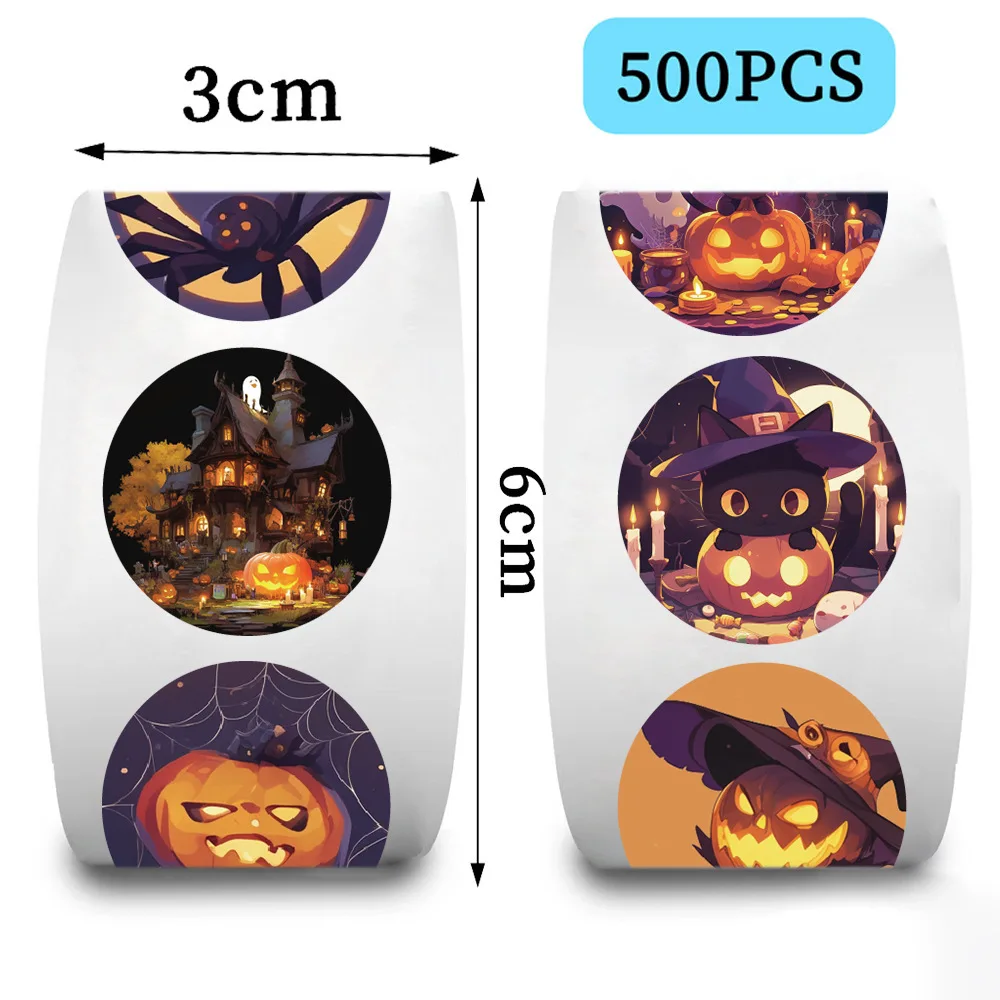 500Pcs/roll Halloween Pumpkin Sticker Round Kawaii Cartoon Kids Reward Stickers Envelop Waterproof Sealing Stationery Stickers