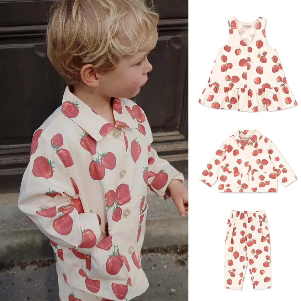 

KS 2025 SS Kids Strawberry Jacket Pants for Girl & Boy Sleeveless Dress Full Print Big Red Strawberry Shirt Kids Spring Clothing