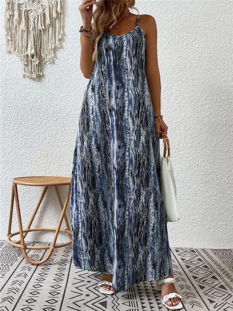 

Bohemian Style Beach Seaside Vacation Casual Dress Street Fashion spring summer Sleeveless Suspender Loose Large Size Long Dress