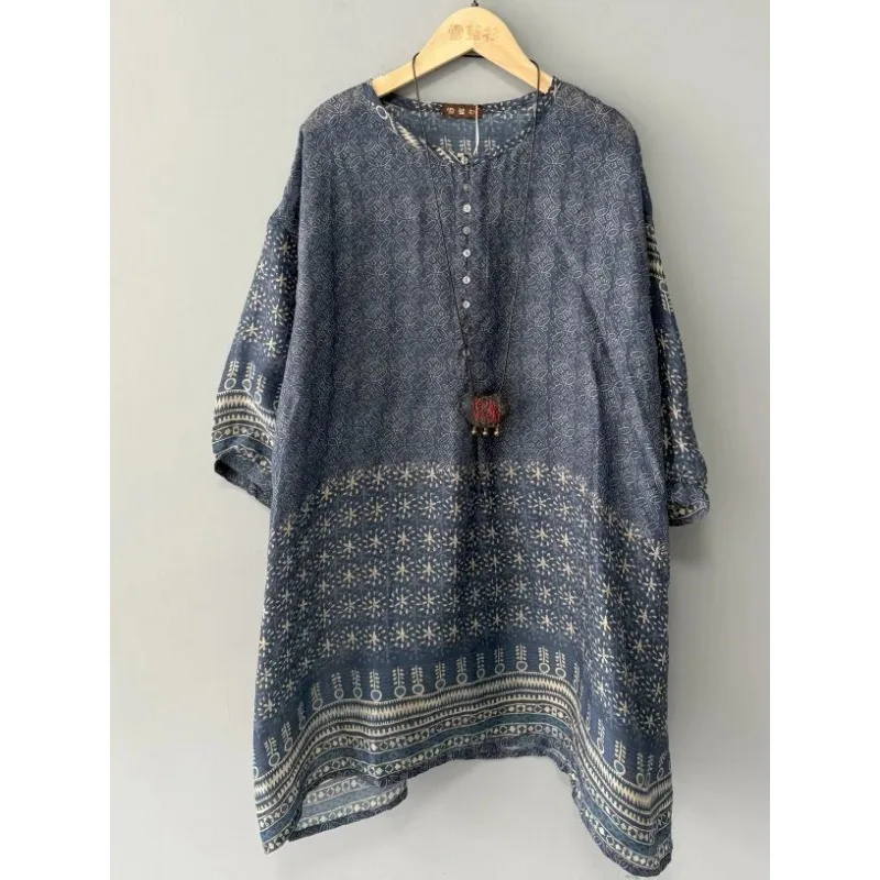 Böhmisches Indigo Geometrisches Muster Maxikleid Damen Lässiger Lockerer Schnitt 3/4 Ärmel V-Ausschnitt Knopfleiste Tunika-Kleid