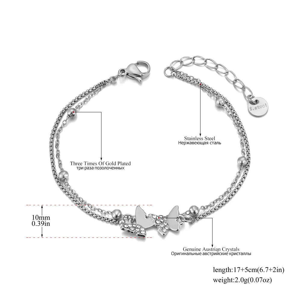 JeeMango زركونيا فراشة الحيوان سحر سوار للنساء مطلية بالذهب الفولاذ المقاوم للصدأ طبقة مزدوجة سلسلة مجوهرات جديد B25086 #3