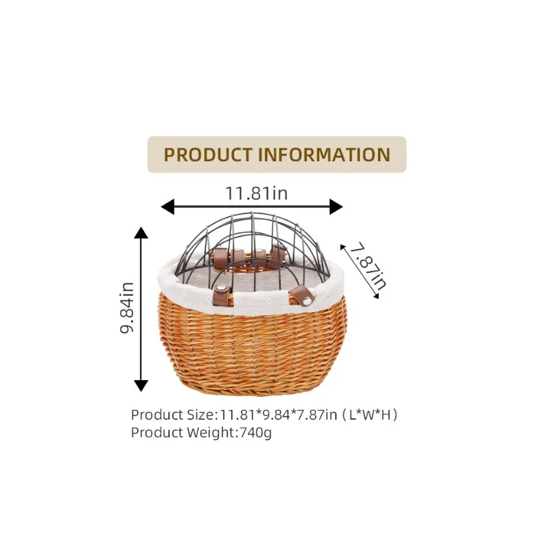 Wicker Bicycle Front Basket with Lid Cover, Removable Washable Pet Crate Mat, Rattan Chair Seat for Small Dogs Cats, Indoor Use