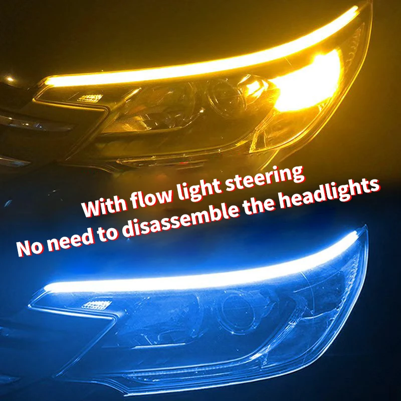 2pcs LED DRL Car Daytime Running Light Flexible Waterproof Strip Auto Headlights White Turn Signal Yellow Brake Flow Lights 12V