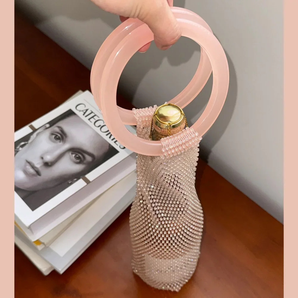 Sparkling Rhinestone Wine Bottle Bag, Elastic Mesh Wine Champagne Tote with Round Resin Handle for Wedding Party Holiday Dinner