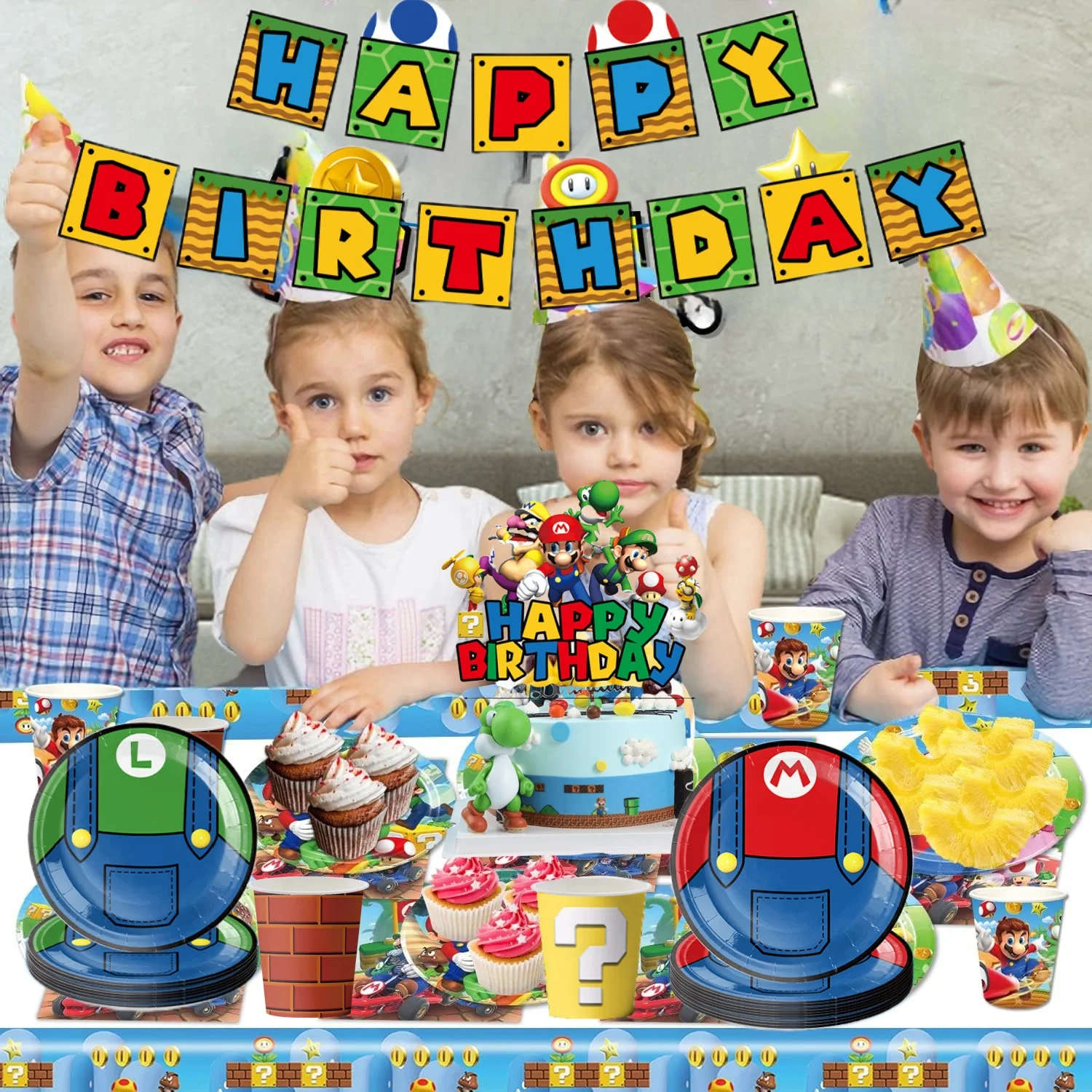 Décoration d'anniversaire Super Mario Bros pour enfants, fournitures de fête, nappe de jeu de pièces de monnaie, assiette de poulet britannique, tasse, sac cadeau, faveurs pour garçons