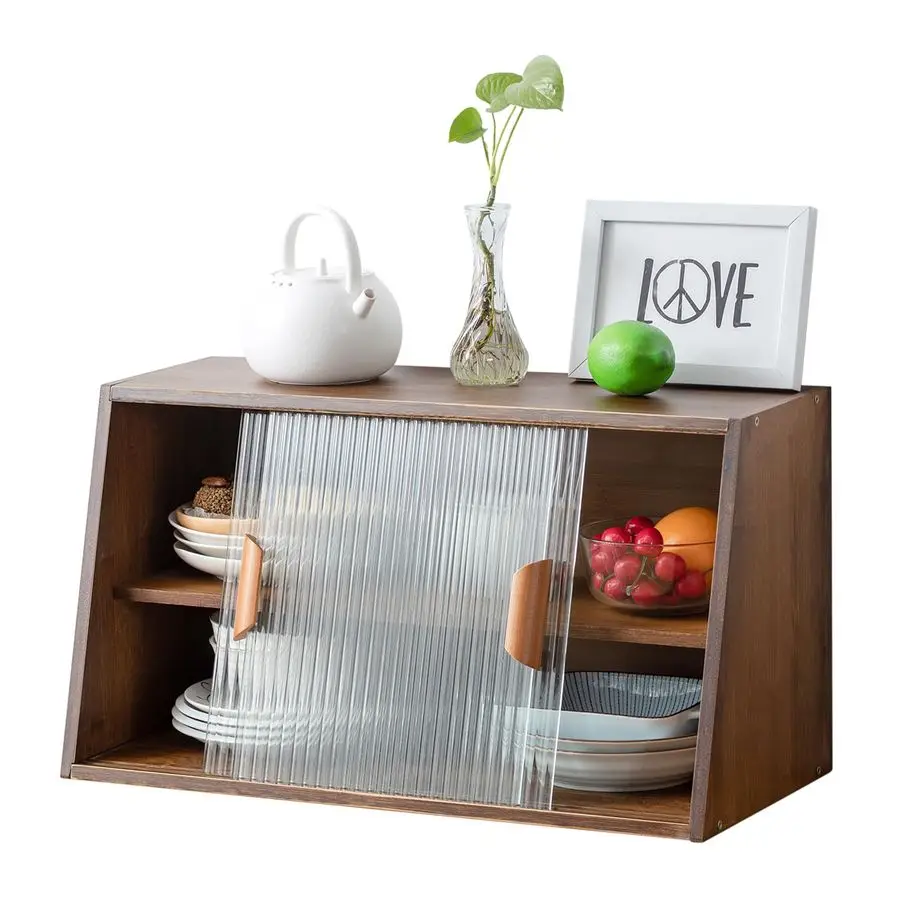 

Small Bamboo Kitchen Pantry Sideboard with 2 Sliding Striped Glass Doors, Freestanding Countertop Storage Cabinet for Bottles,