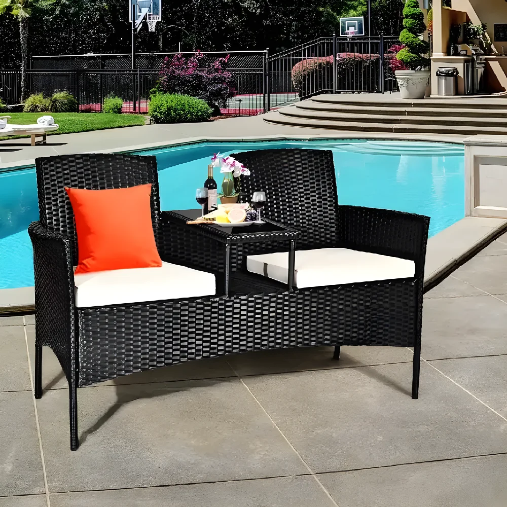 

Cheap Outdoor Patio Waterproof PE Rattan 2 Seater Patio Sofa with Cushion Table for Pool Garden Patio Furniture