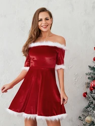 Women's Christmas Dress Santa Claus Cosplay Costume Plush Patchwork Half Sleeve Off Shoulder Slim Fit A-Line Dress Xmas Clothes